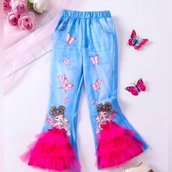 SHEIN Other - BNIB Young Girls Cartoon Girl Butterfly Print Bell Bottom Indigo Jeans Pants 6 Y